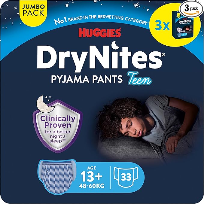 Huggies DryNites Pañales de Noche para Niño 13+ (48-60 kg), Clínicamente Probado con 5 Capas de Máxima Protección Nocturna, 3 Packs de 11, Total 33 Calzoncillos Absorbentes