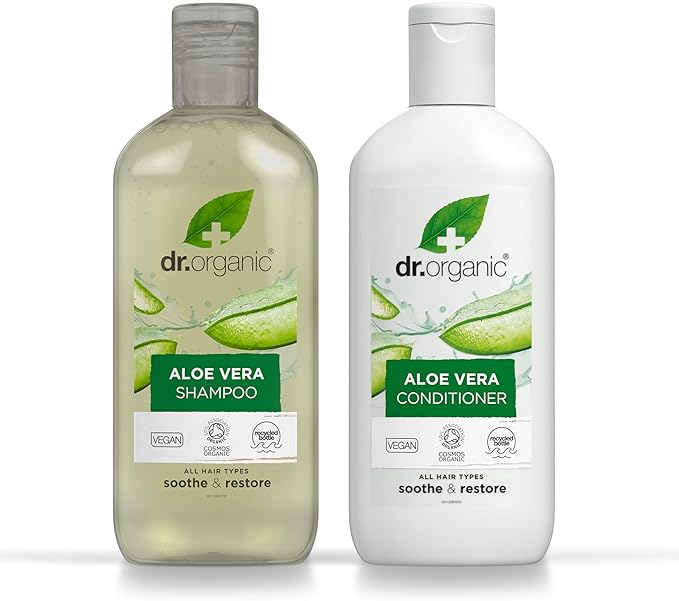 Dr Organic Champú ni acondicionador sin Sulfatos ni Parabenos de Aloe Vera 265 ml x2 | Calmante e Hidratante para Todo Tipo de Cabello, Shampoo Natural, Vegano y Orgánico