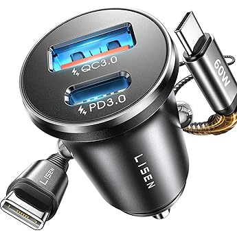 INIU Cargador Coche Carga Rápida 60W Accesorios Coche Interior para iPhone 17 16 Pro MAX Samsung S25 Xiaomi, Cargador Mechero Movil USB C 12V Gadgets Car para Camper Furgoneta Camion Fiat Peugeot BMW