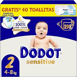 Dodot Sensitive Baby Diapers, Size 2 (4-8 kg), 198 Nappies + Gift of 40 Aqua Pure Wipes 99% Water, Up to 12 h Anti-Leak Protection and Skin Care, Monthly Pack