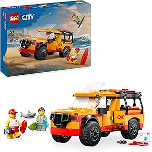 LEGO City Lifeguard Rescue Van and Shark Toy, Beach Game with 2 Minifigures and Accessories as Surfboard and Fins, Gift for Boys and Girls 6 Years Old and Up 60453