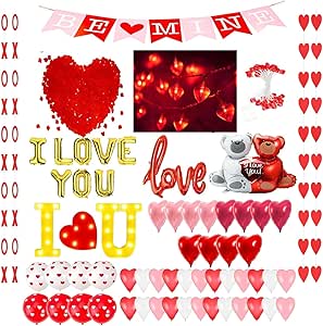 Auihiay San Valentín Decoracion Kit - 236 Cadena de luces LED, 2000 Pétalos de Rosa, Guirnalda Corazones XO, Panel Luminoso TE AMO y Globos Aluminio Corazón para Propuesta, Boda y Aniversario