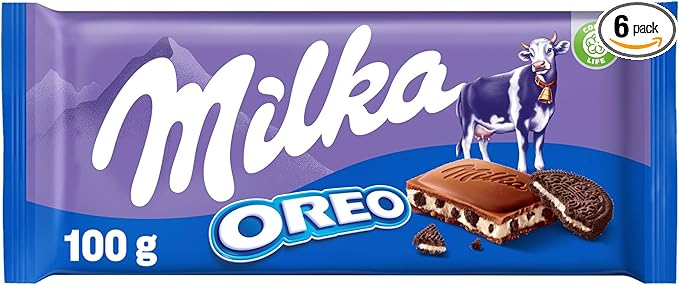 Milka Oreo Tableta de Chocolate con Leche de los Alpes con Trozos con Galleta Oreo y Relleno de Vainilla 100g (Paquete de 6)