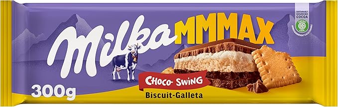 Milka MMMAX Choco Swing Tableta Grande de Chocolate con Leche de los Alpes con Galleta, Relleno de Crema de Leche y Crema de Cacao 300g