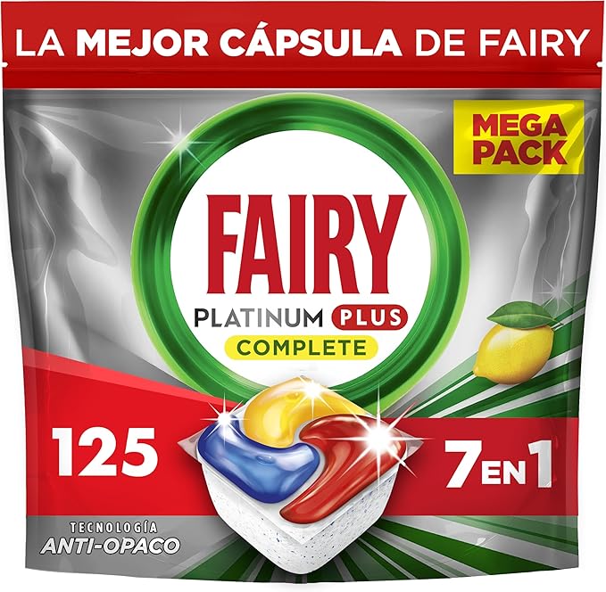 Fairy Platinum Plus Limón Cápsulas De Lavavajillas Todo En Uno, 125 Cápsulas, Nuestra Mejor Limpieza Que Deja Los Platos Como Nuevos, Elimina La Falta De Brillo Y Evita La Cal
