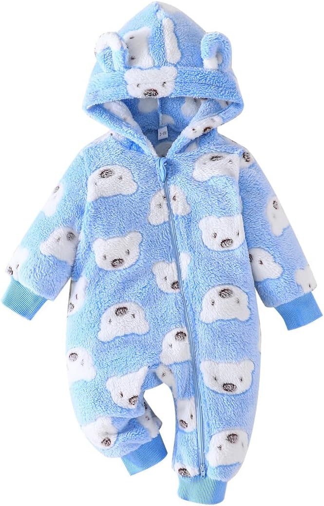Yanmucy Bebé Recién Nacido Invierno Con Capucha Romper Oso de dibujos animados Mono para bebé Caliente Fleece Cremallera Bebé Niña Niño Mono 0-18 Meses