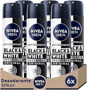NIVEA MEN Black & White Invisible Original Spray en pack de 6 (6 x 200 ml), desodorante antimanchas de cuidado masculino, desodorante invisible para cuidar piel y ropa
