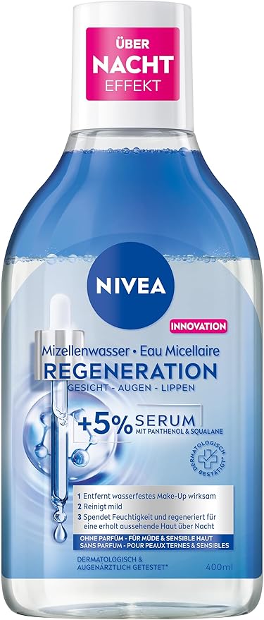 NIVEA Agua micelar regeneradora, tónico facial con 5% de suero de pantenol y complejo de aminoácidos, removedor para limpieza facial suave, limpiador de piel cansada (400 ml)