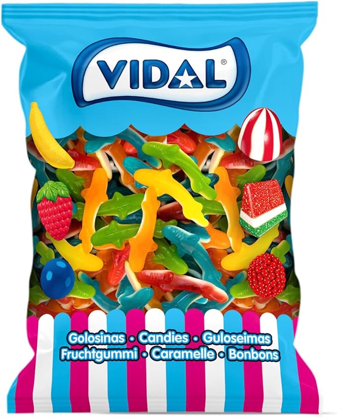 Vidal Golosinas. Tiburones Jelly. Golosinas en forma de tiburón con sabor fresa y textura gelatina. Colores surtidos: azul, verde, rojo, naranja y amarillo. Sin gluten ni grasa. Bolsa 1 kg