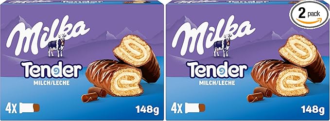 Milka Tender Barritas de Bizcocho, Relleno con Leche y Cubierto de Chocolate con Leche de los Alpes, 4 Barritas, 37g (Paquete de 2)