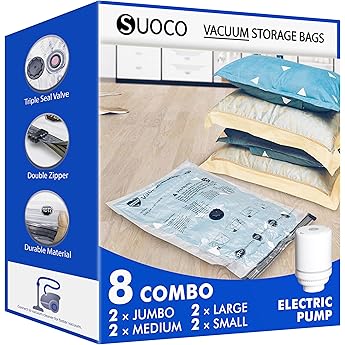 MEIQIHOME Juego de 16 Bolsas de Vacío con Bomba Eléctrica – 4J/4G/4M/4P – Bolsas de Compresión para Ropa, Ideal para Mudanza y Viaje