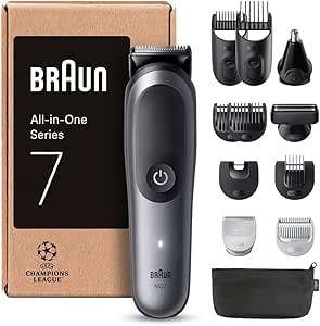 Braun AIO7545 Series 7 All In One Trimmer, 12in1 Styling Kit For Beard, Hair, Ears, Nose and Body, 14 Lengths, 120 Min Runtime, Gray, Packaging May Vary