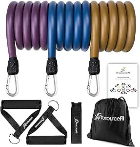 Prosource Fit Premium Heavy Duty Tube Double Dipped Latex Xtreme Stackable Resistance Bands Set 20 to 50 LB with Door Anchor and Exercise Chart Full-Body Exercises and Home Workouts