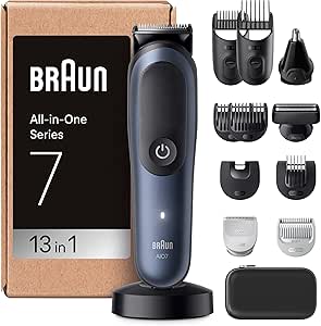 Braun AIO7565 Series 7 All In One Trimmer, 13in1 Styling Kit For Beard, Hair, Ears, Nose and Body, 14 Lengths, 120 Min Runtime, Men's Hair Clippers With Ultra Sharp Blade, Blue