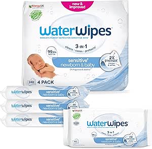 WaterWipes Sensitive+ Newborn & Baby Wipes, 240 Count (Pack of 4), 3-in-1 Cleans, Cares, Protects, 99.9% Water, Unscented