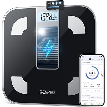 Bascula de Baño Digital Grasa Corporal, RENPHO Balanza Bluetooth Inteligente con App, Bascula Electrónica Analógica Monitores con Análisis Corporal, 13 Mediciónes de Peso IMC Visceral, Rojo, Elis 1