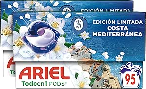 Ariel All in 1 PODS Sea Breeze & Jasmine, Liquid Washing Machine Detergent Capsules, 95 Washes, Limited Edition Mediterranean Coast