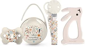Suavinex, Newborn Gift Baby Gift Set with: SX Pro Physiological Teat Pacifier for Babies 0/6 Months + Pacifier + Duo Pacifier Holder + Silicone Teether (4 Pcs) Wonderland, Beige