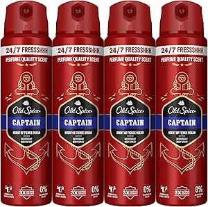 Old Spice Captain Body Deodorant Spray For Men, 48 Hours Fresh, 0% Aluminum Salts, 4x150 ml