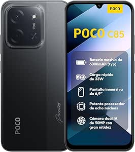 XIAOMI POCO C85 - 8+256GB Smartphone, 50MP Dual Camera with AI, 6.9 Immersive Display, Powerful Octa-Core Processor, 33W Fast Charge, 6000mAh, Charger Not Included, Black (ES Version)