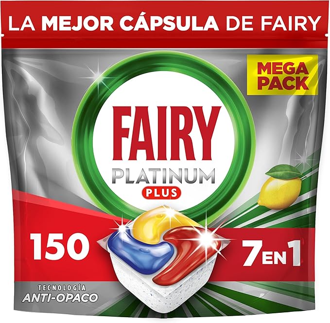 Fairy Platinum Plus Limón Cápsulas De Lavavajillas Todo En Uno, 150 Cápsulas, Nuestra Mejor Limpieza Que Deja Los Platos Como Nuevos, Elimina La Falta De Brillo Y Evita La Cal