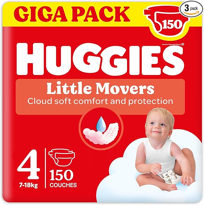 Huggies Little Movers Pañales para Bebé con Diseños Disney Talla 4 (7-18 kg), Comodidad para la Piel 24/7, 3 Packs de 50, Total 150 Pañales