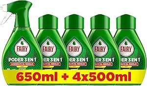 Fairy Pack Power Without Soaking Lemon Spray 650 ml + 4 Refills 500 ml, Anti-Grease and Quick Cleaning for Tableware and Kitchen