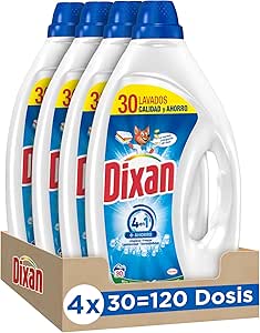 Dixan Total+ 4 in 1 Gel (4 x 1350 ml), Liquid Washing Detergent for Light and White Clothes, Laundry Detergent with Great Power Stain Remover, Fresh Feeling, 120 Washes