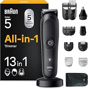 Braun AIO5565 Series 5 All In One Trimmer 13in1 Styling Kit For Beard, Hair, Ears, Nose and Body, 120 Min, Men's Hair Clippers With Ultra Sharp Blade, Precise And Efficient Trim, Black