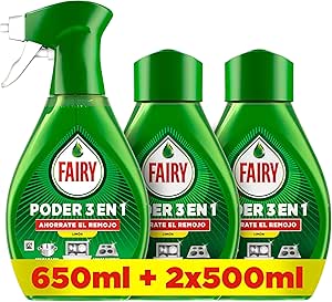Fairy Pack Power Without Soaking Lemon Spray 650 ml + 2 Refills 500 ml, Anti-Grease and Quick Cleaning for Tableware and Kitchen