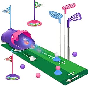 Juego de golf para niños con retorno automático de dinosaurio, pelotas de golf con luz LED nocturna, 3 palos, tapete de putting, minigolf para niños de 3 a 8 años, juguetes deportivos(rosa)