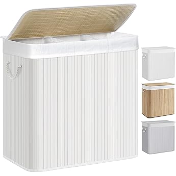 SONGMICS Cesto de la Ropa Sucia con Tapa, 3 compartimentos, 170 L, Cesta de Lavandería de Bambú, Plegable, con Bolsa Lavable Extraíble, Asas, para Lavandería, Dormitorio, Blanco LCB013W01