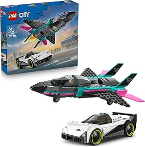 LEGO City Jet vs. Toy Car - Airplane Model Kit, Racing Supercar and Pilot Minifigures - Birthday Gift for 6+ Year Old Boys - 60489