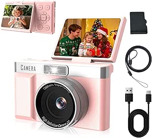 Camara Fotos Infantil FHD1080P, Camara Digital De 32GB con Tarjeta, Pantalla volteada 2,0''180°, Batería1200mAh, Camara de Fotos para Niño, Cámara De Fotos Niños, 5 Juegos Puzzle, Regalos para Niños.