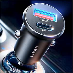 LISEN Car Charger Cigarette Lighter Quick Charge USB C 69W, Flash of the Day Electronic Accessories Car Camper for iPhone 17 16 Xiaomi Samsung S26 BMW, Metal Cigarette Lighter Mobile Car 12/24V Technological Gadgets