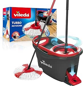 Vileda Turbo Mop Set with Pedal Bucket – Telescopic Pole 85 – 123 cm – Floor Cleaning System with Rotating Writing – 2 in 1 Microfibre Refill – Grey and Red