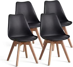 duehome | Beench, Pack of 4 Nordic Chairs, Dining Chairs, Black and Wood Finish, Measurements: 49 (W) cm x 53.5 cm (L) x 83.8 cm (H)