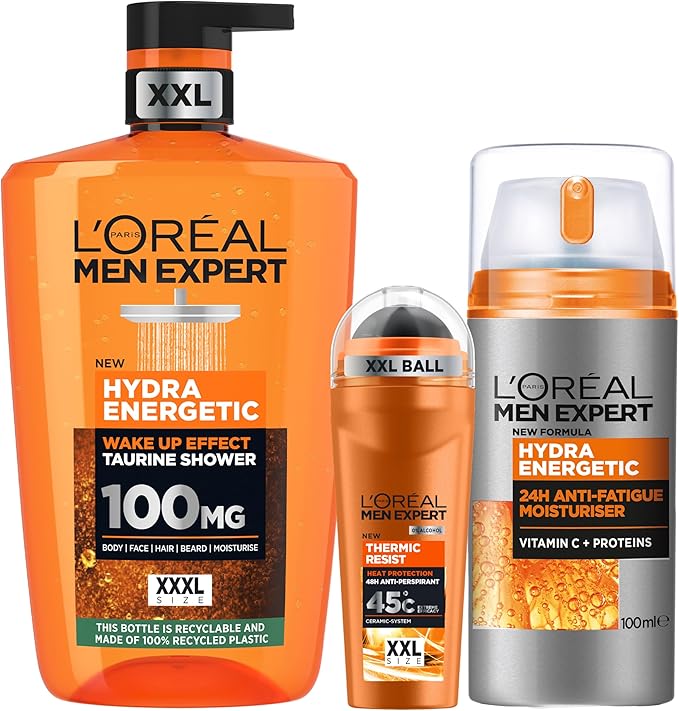 Bundle of L'Oréal Men Expert Thermic Resist Desodorante, Roll-On Anti-transpirante, XXL 100ml +Gel de Ducha Hydra Energetic XXXL, 1000ML + Crema Hidratante Anti-Fatiga 24h Hydra Energetic 100 ml