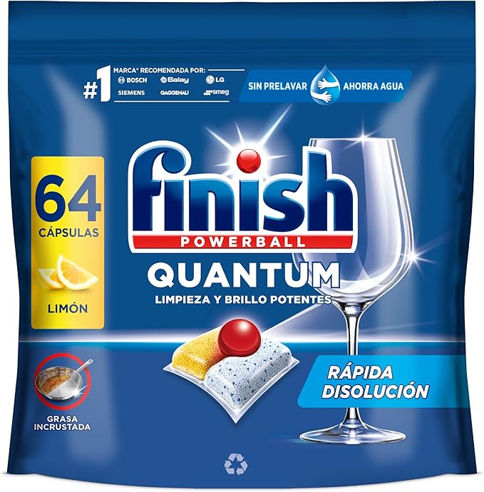 Finish Powerball Quantum All in 1 Pastillas para el lavavajillas Limón, 64 pastillas