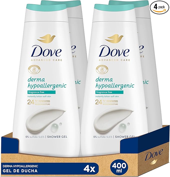 Dove Advanced Care Gel de Ducha Hipoalergénico Libre de Aromas 400 ml (Paquete de 4)