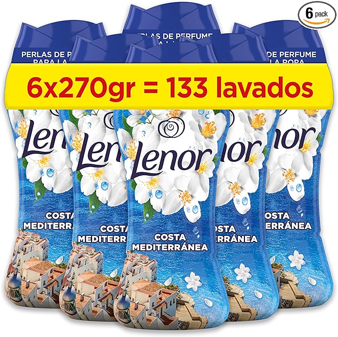 Lenor Perlas De Perfume para la Ropa, 133 Lavados (6 x 270g), Brisa Marina Y Jazmín, Edición Limitada Costa Mediterránea, Frescor Ininterrumpido Hasta 12 Semanas