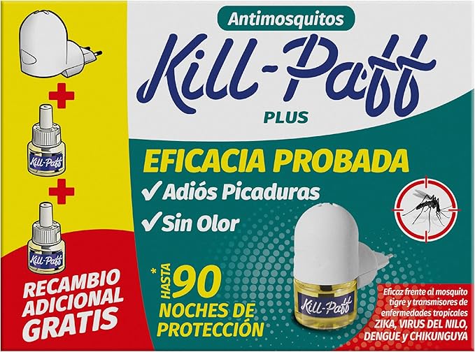KILL-PAFF - Insecticida Eléctrico Antimosquitos, Eficaz Contra Mosquito Tigre y Transmisores de Enfermedades Tropicales, Difusor, 90 Noches de Protección (Contenido: 1 difusor + 2 recambios)