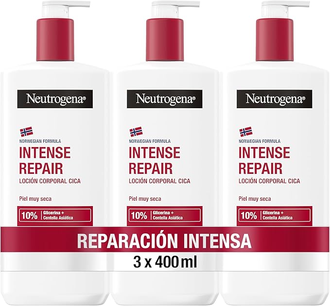 Neutrogena Fórmula Noruega Loción Corporal CICA Reparación intensa para piel muy seca (3x400 ml), crema hidratante corporal reparadora con centella asiática y glicerina