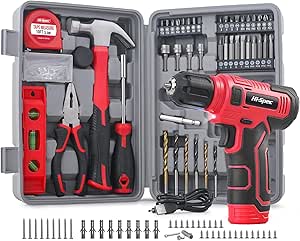 Hi-Spec 8V Cordless Drill Driver with Tool Kit, USB Rechargeable, Compact with Essential Accessories, Red, Ideal for DIY, Repairs and Home Maintenance
