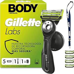 GilletteLabs Body + Intimate Maquinilla Corporal Hombre con 5 Recambios - Mango de Goma, Cuchillas con Barra Anti-vellos Encarnados Y Soporte Magnético, Depilación Íntima Y Afeitado Corporal Masculino