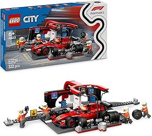 LEGO City Box Stop F1 and Mechanics Team with Ferrari Toy Car for Boys and Girls 6+ Years, Formula 1 Racing Model Kit with Pit Stop and Pilot Minifigure 60443