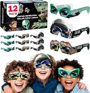 Galaxium Gafas Eclipse Solar 2026 [12 Pack] Niños y Niñas - Temática Española, Animales, Alien, Astronauta, Dinosaurio - AAS Aprobadas, ISO 12312-2 y CE