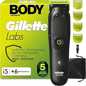 Gillette Labs i5 Body + Intimate Body Shaver with 4 Combs and Case, Black/Green – Waterproof Body Epilator, Skinfirst Technology, Rechargeable, Shaves the Body and Intimate Area