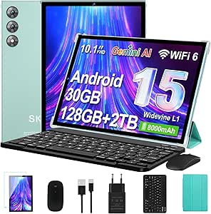 10 Inch Android 15 Tablet with Gemini AI, 30GB RAM + 128GB ROM Expandable 2TB, Octa-Core, WiFi 6, Widevine L1, 8000mAh Battery, 8/5 MP Camera, Keyboard, Mouse and Case, Metal Body – Green