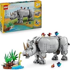 LEGO Creator 3 in 1 Wild Animals: Majestic Rhino with Birds - Transformable Toy Animals into Hippo or Walrus Articulated Figure - Gift for Boys and Girls 9+ Years 31171